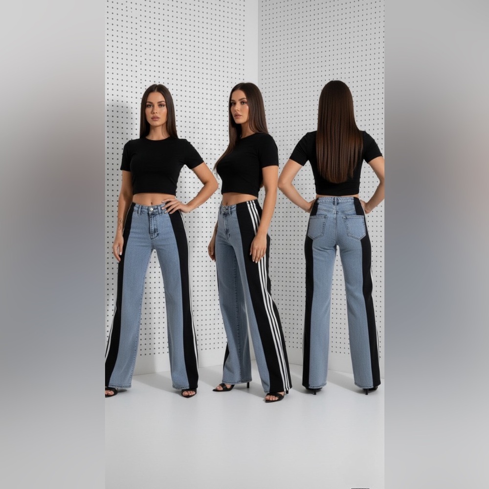 Side Stripe Chic Denim – 3-Tone Wide-Leg Street Jeans - Picture 13 of 16